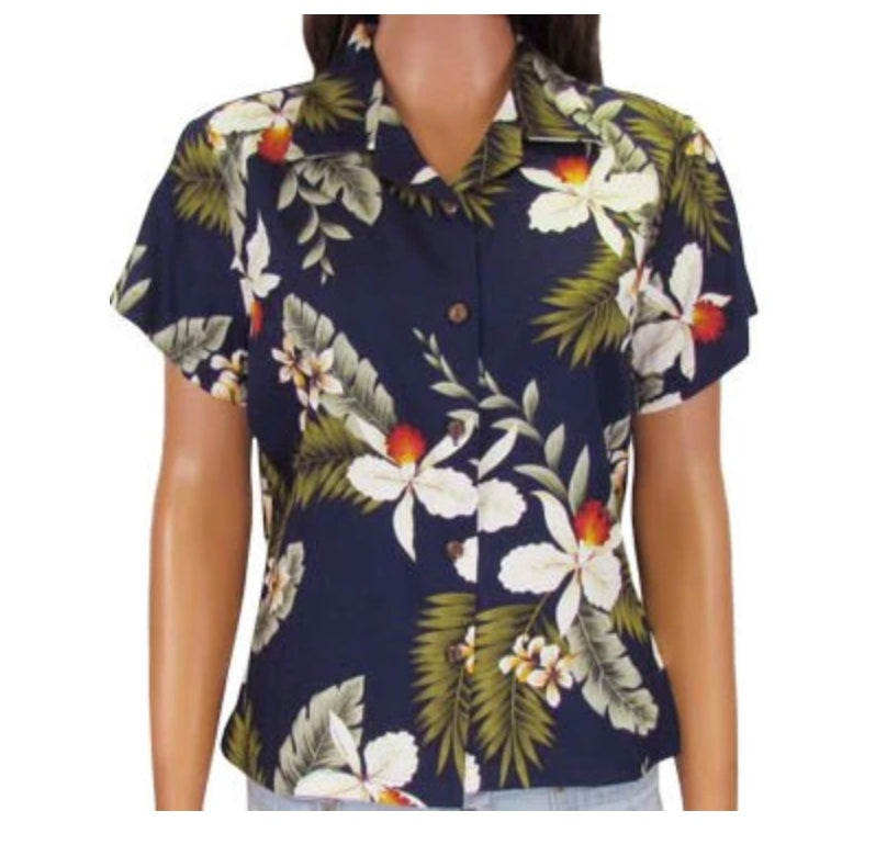 Ladies Hawaiian Blouse - Blue Orchid Garden