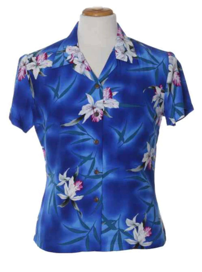 Ladies Hawaiian Blouse - Ocean Blue Orchid