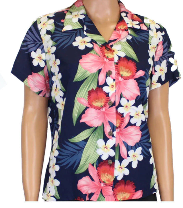 Ladies Hawaiian Blouse - Plumeria Orchid Lei