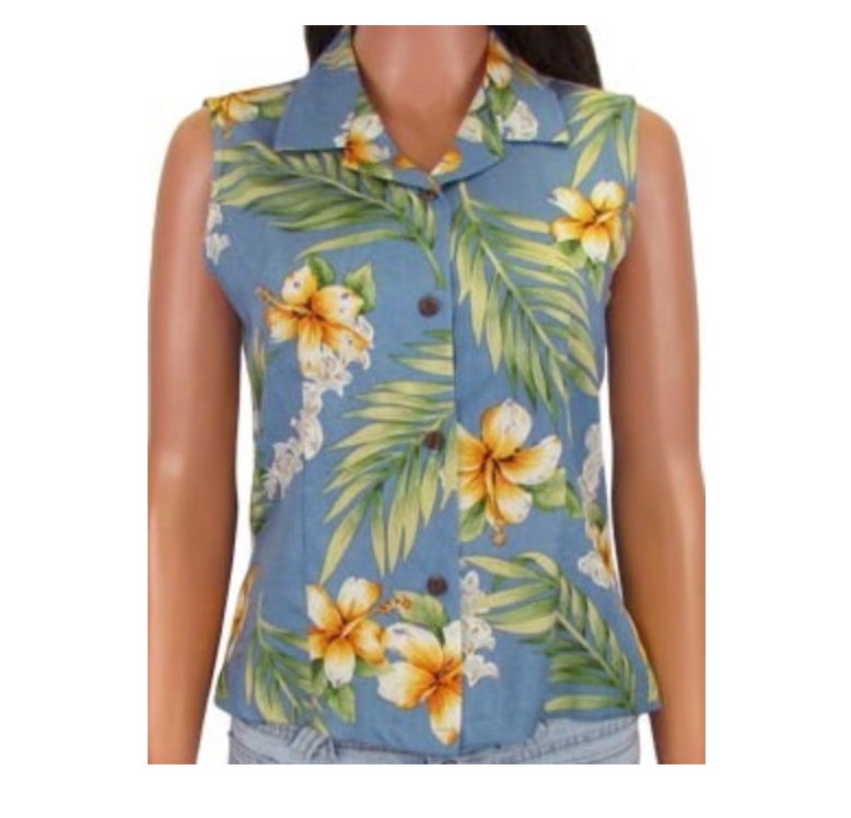 Ladies Hawaiian Sleeveless Blouse - Tuberose Blue