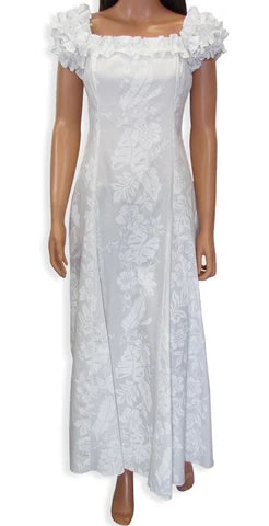 Women's White Hibiscus Panel Island Princess Maxi Gown