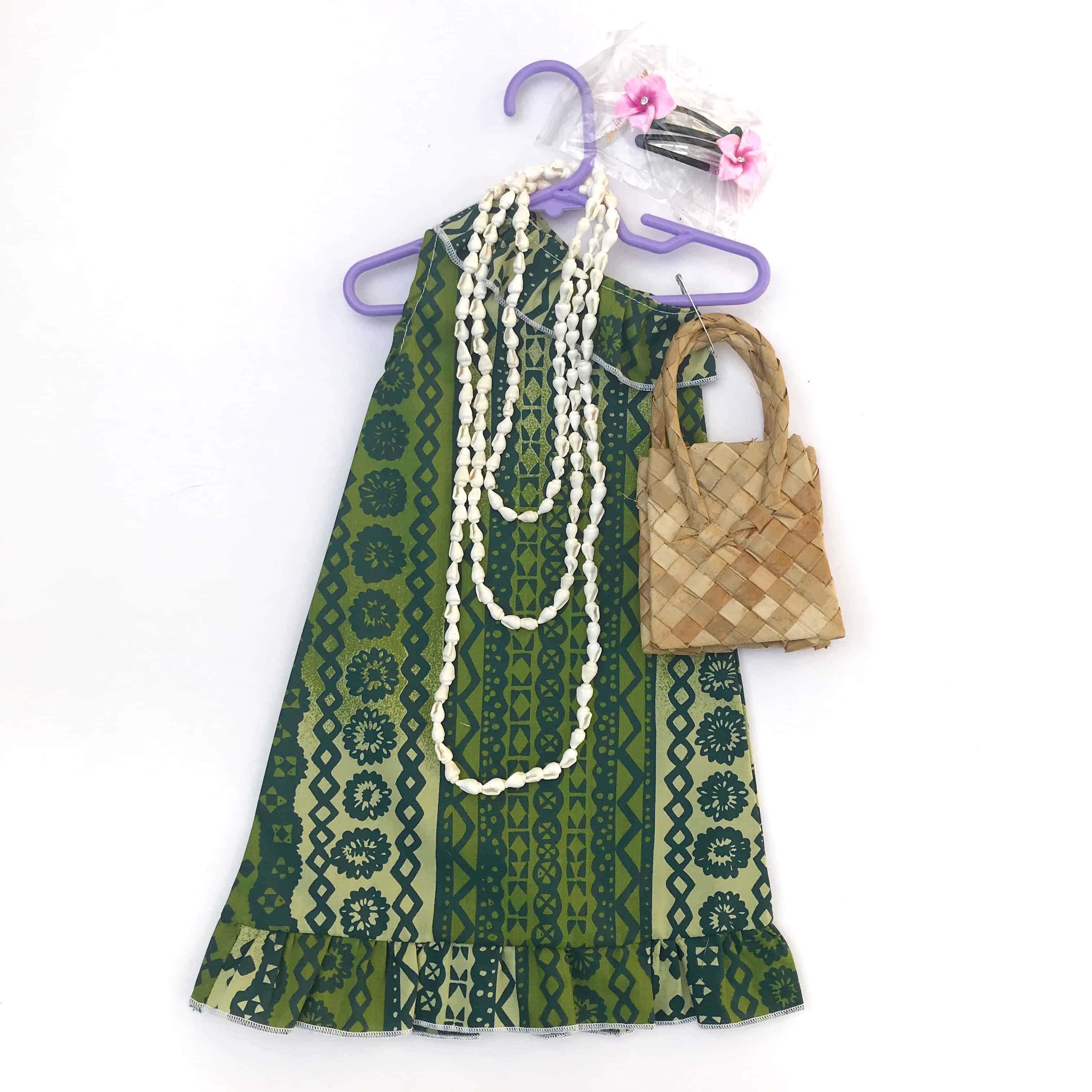 18 inch American girl doll long green Hawaiian holoku hula dress outfit on hanger with shell lei and woven handbag accessories