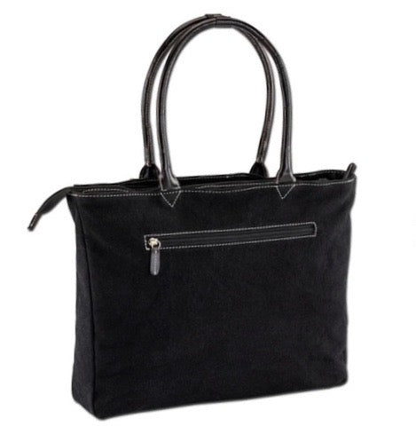 Back view of black canvas tote bag for women