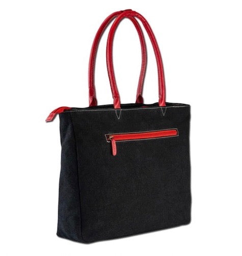Back view of red leather tote bag for women