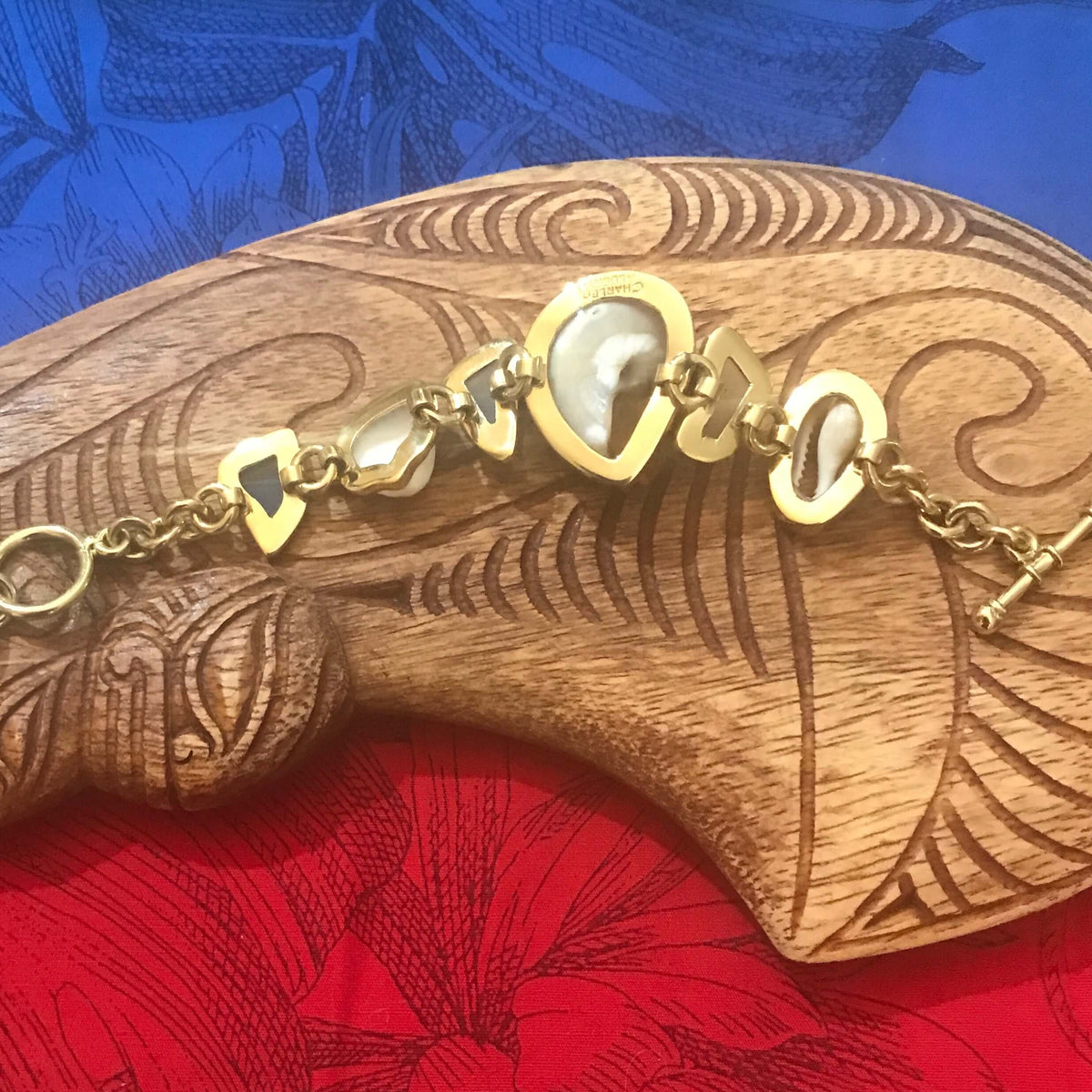 Back view of alchemia link bracelet where you can see that whole shells are used