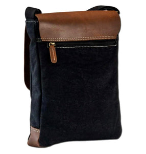 Back view of a black canvas messenger bag for men