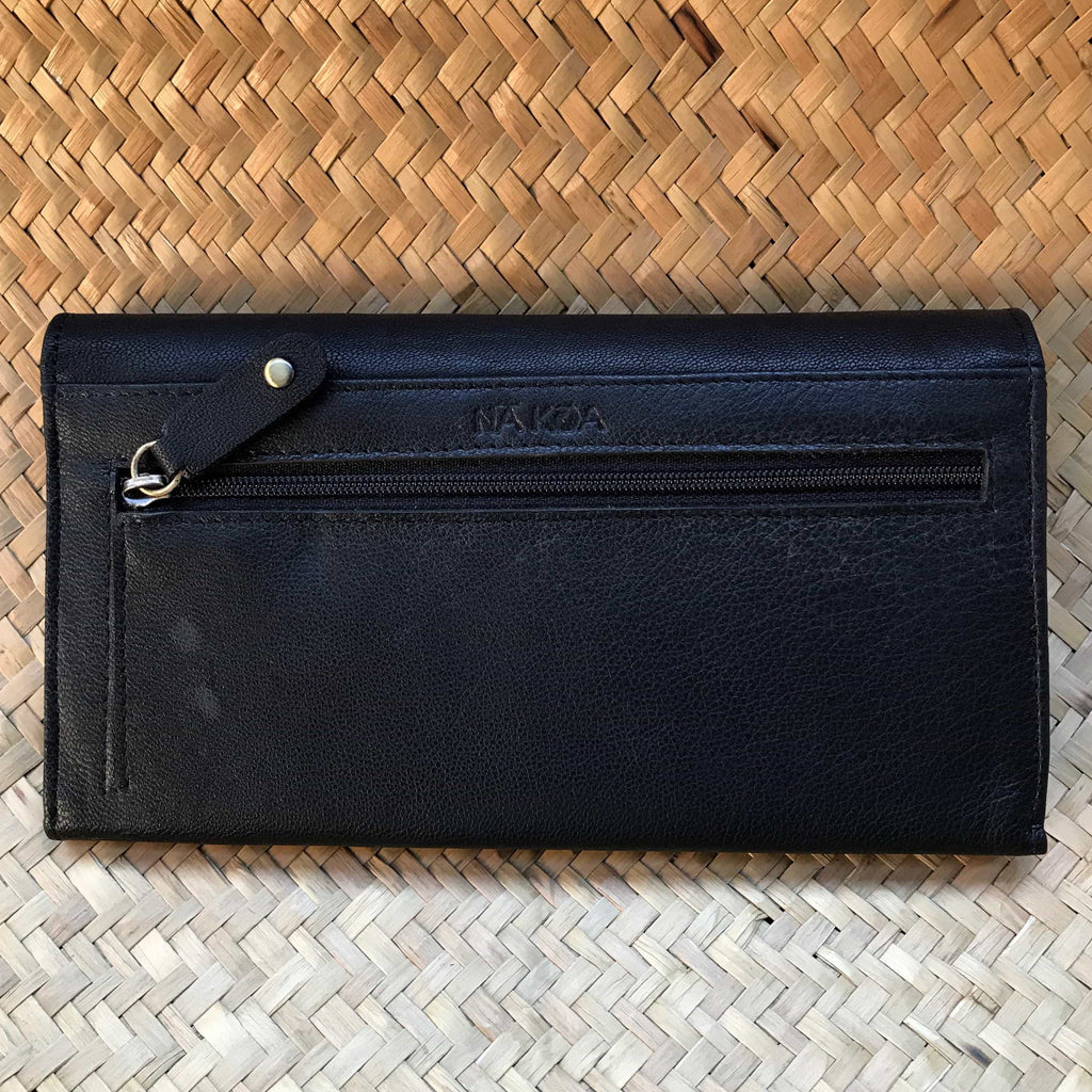 Back view of a black leather clutch wallet