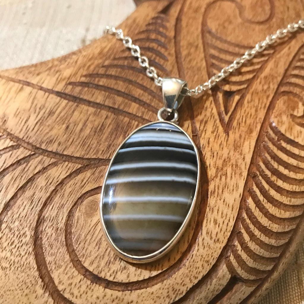 Island jewelry black sardonyx pendant necklace with stirling silver setting | Aloha Products USA