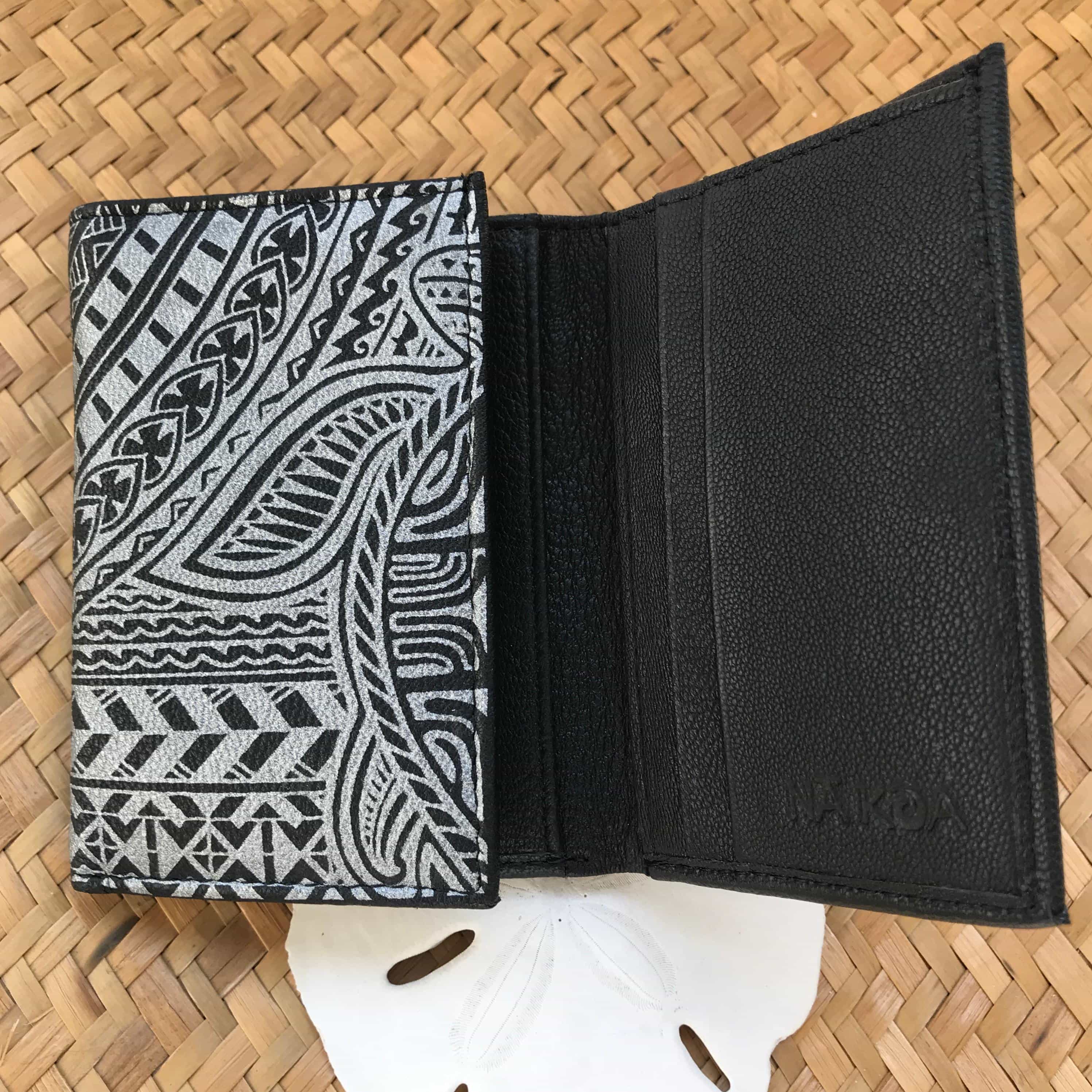 Black and silver trifold leather wallet for men with Hawaiian tribal turtle design | Aloha Products USA
