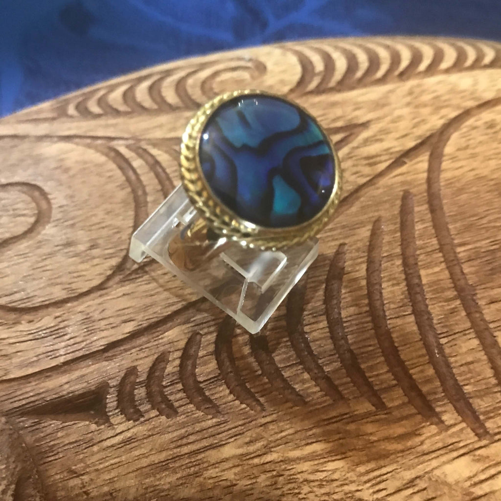 Side view of blue abalone ring with alchemia gold rope trim setting | Aloha Products USA