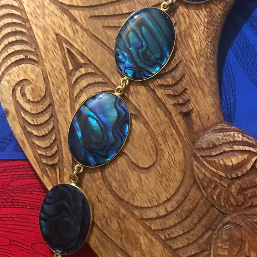 Close up view of a blue abalone shell link bracelet | Aloha Products USA