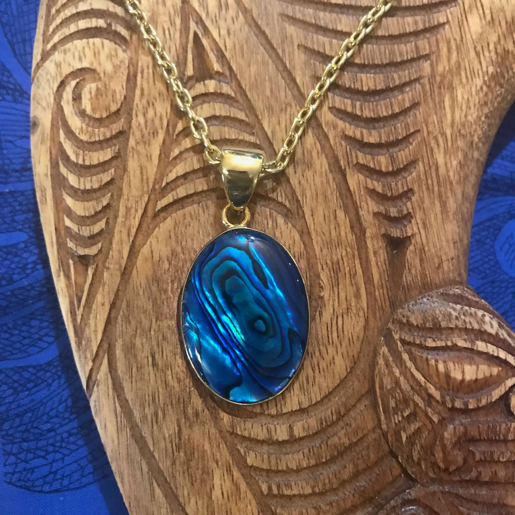 Island jewelry blue abalone oval shell pendant necklace set on alchemia gold | Aloha Products USA