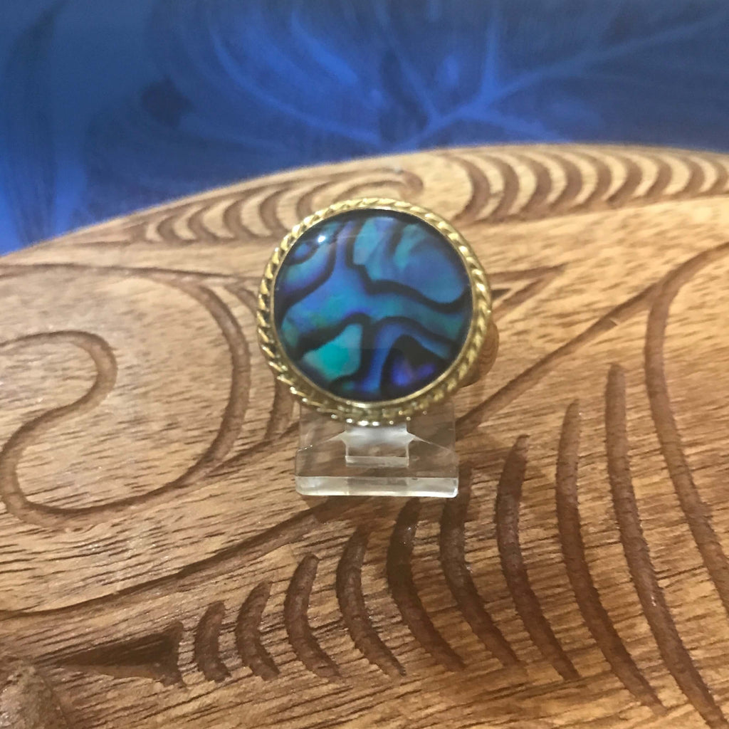 Front top view of blue abalone shell ring with alchemia gold rope trim setting | Aloha Products USA