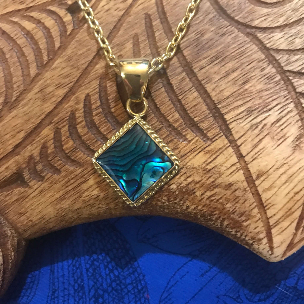  Island jewelry blue abalone square pendant necklace with alchemia gold rope trim | Aloha Products USA