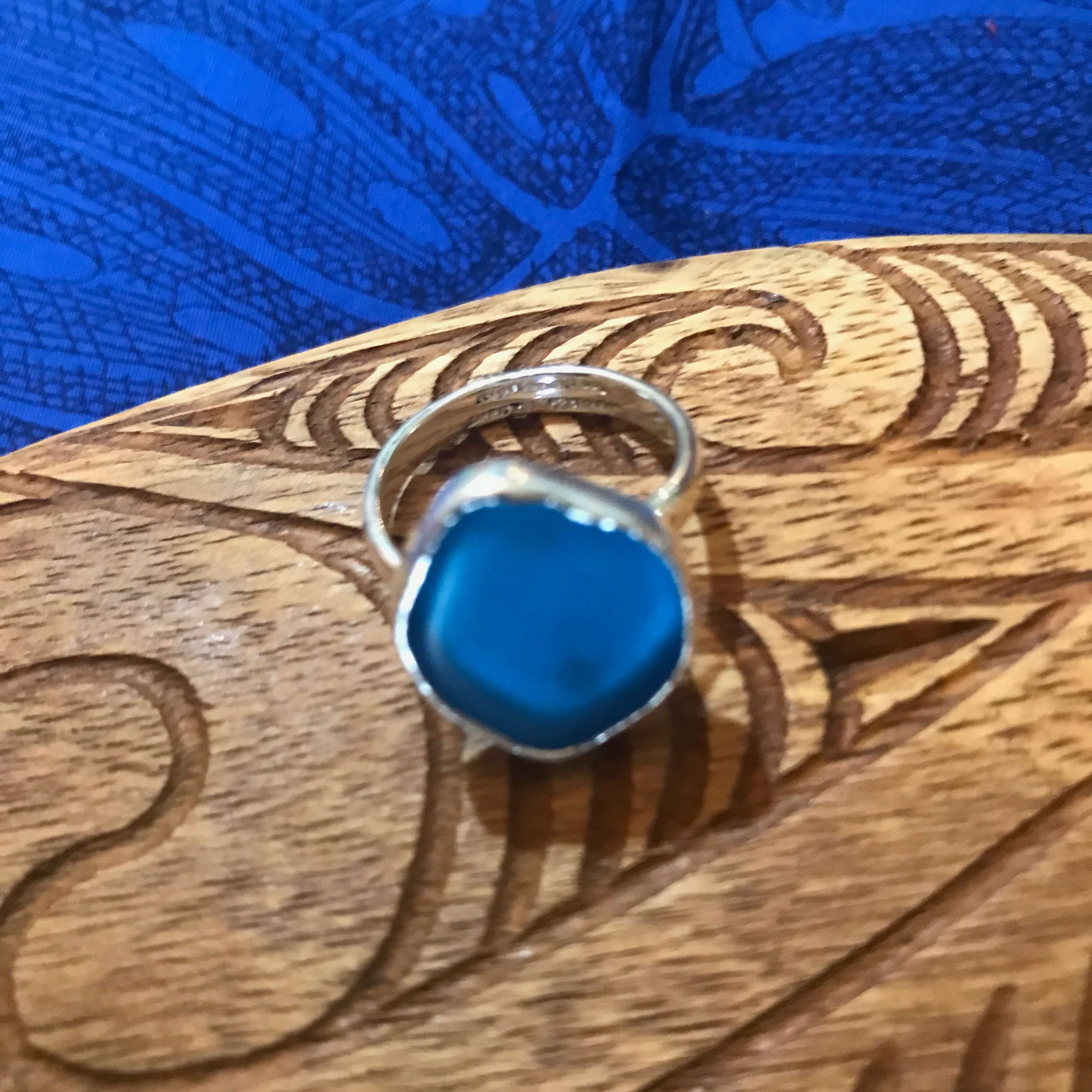Adjustable blue beach glass ring set on stirling silver | Aloha Products USA