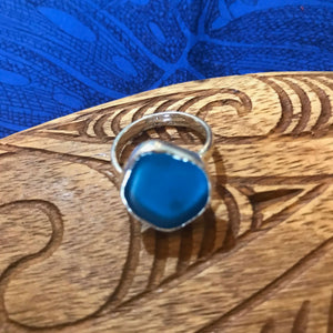 Adjustable blue beach glass ring set on stirling silver | Aloha Products USA