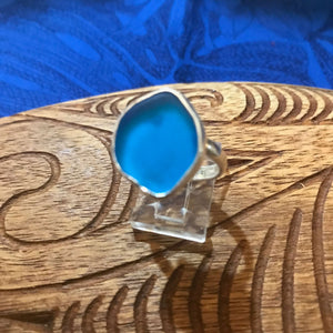 Island jewelry adjustable blue beach glass ring set on stirling silver | Aloha Products USA