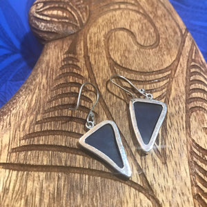 Back view of blue beach glass earrings set in stirling silver