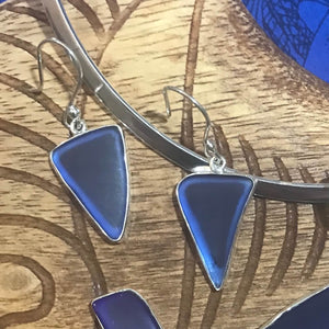 Close up view of blue beach glass earrings set on stirling silver | Aloha Products USA