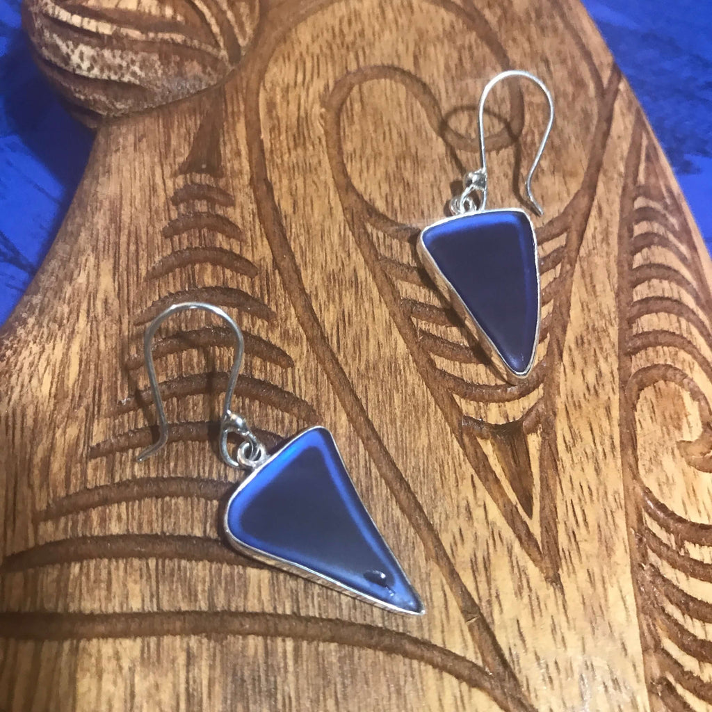 Island jewelry cobalt blue beach glass earrings with stirling silver setting | Aloha Products USA