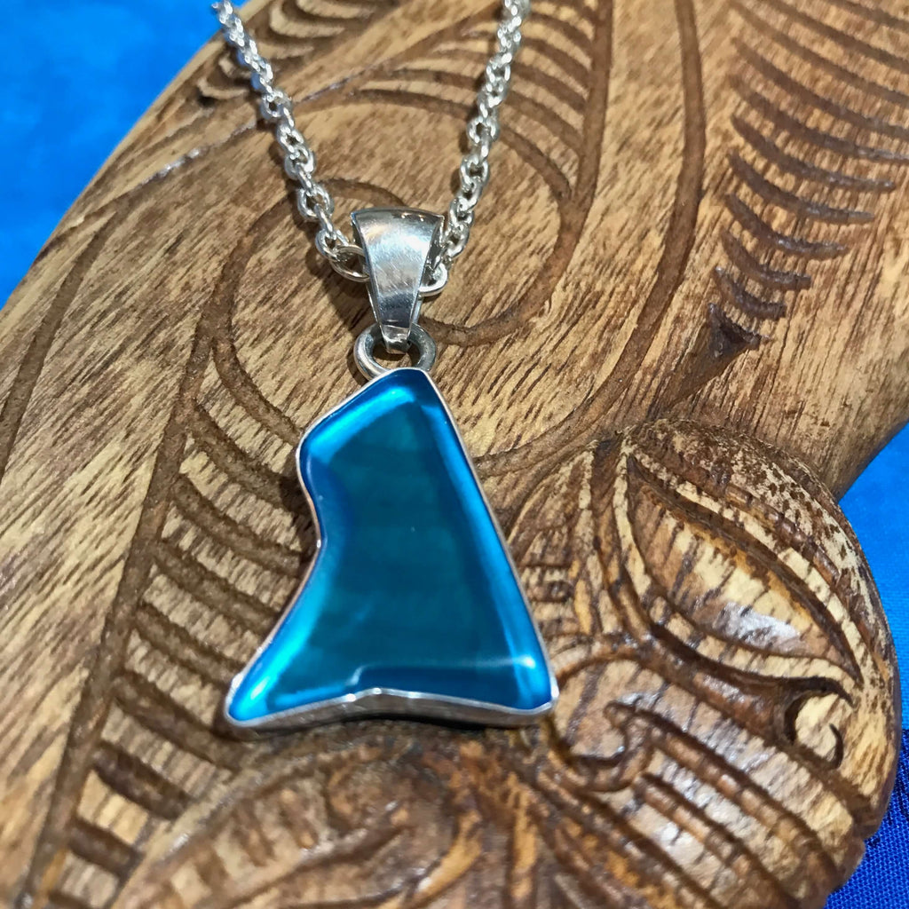 Island jewelry blue beach glass pendant necklace in a stirling silver setting | Aloha Products USA