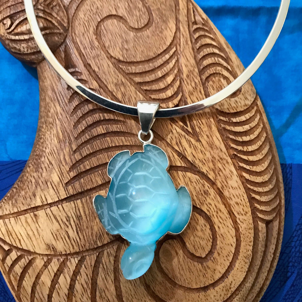 Island jewelry light blue fiber optic turtle pendant with stirling silver setting | Aloha Products USA