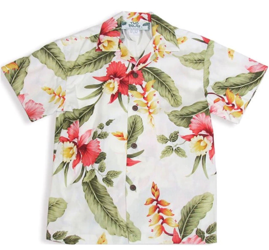 Boys Hawaiian shirt beige with hibiscus flowers for matching family outfits | Aloha Products USA