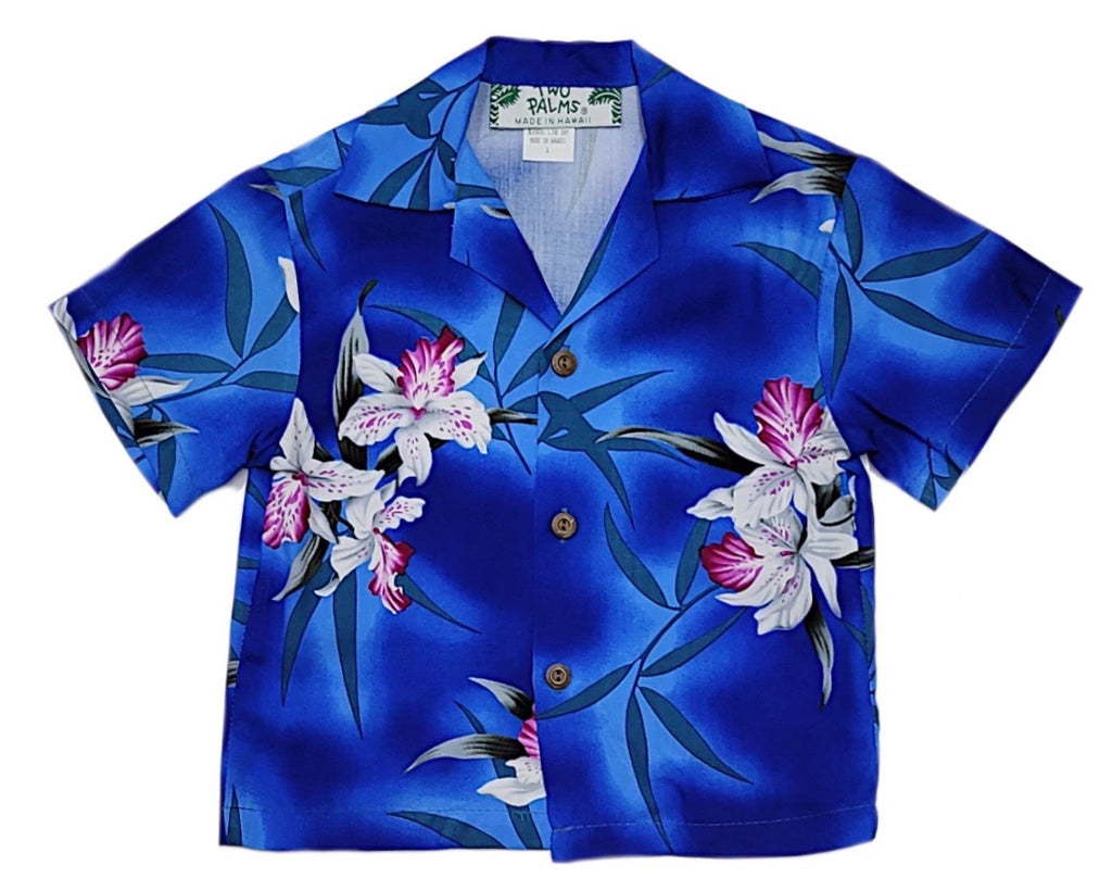 Boys Hawaiian shirt blue with white orchids for family matching outfits | Aloha Products USA