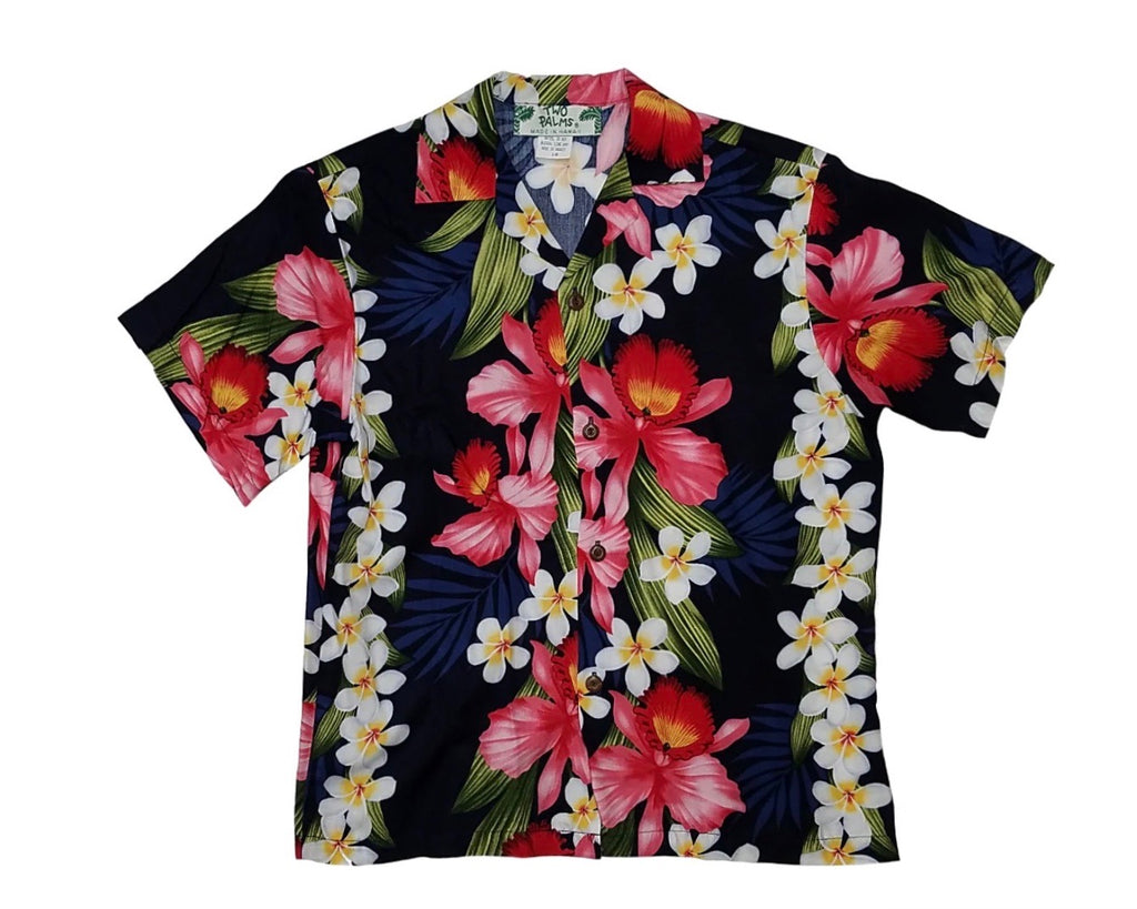 Boys Hawaiian shirt navy with plumeria and orchid flowers for matching family outfits | Aloha Products USA