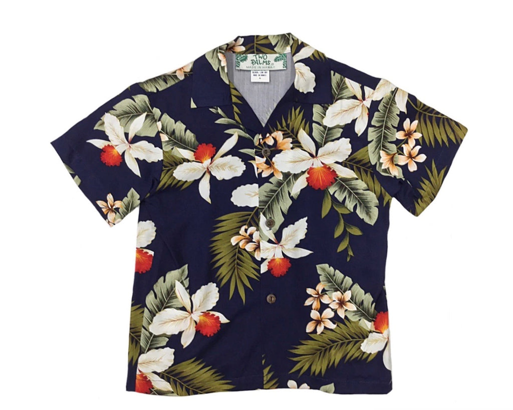 Boys Hawaiian shirt navy with white orchids for family matching outfits | Aloha Products USA