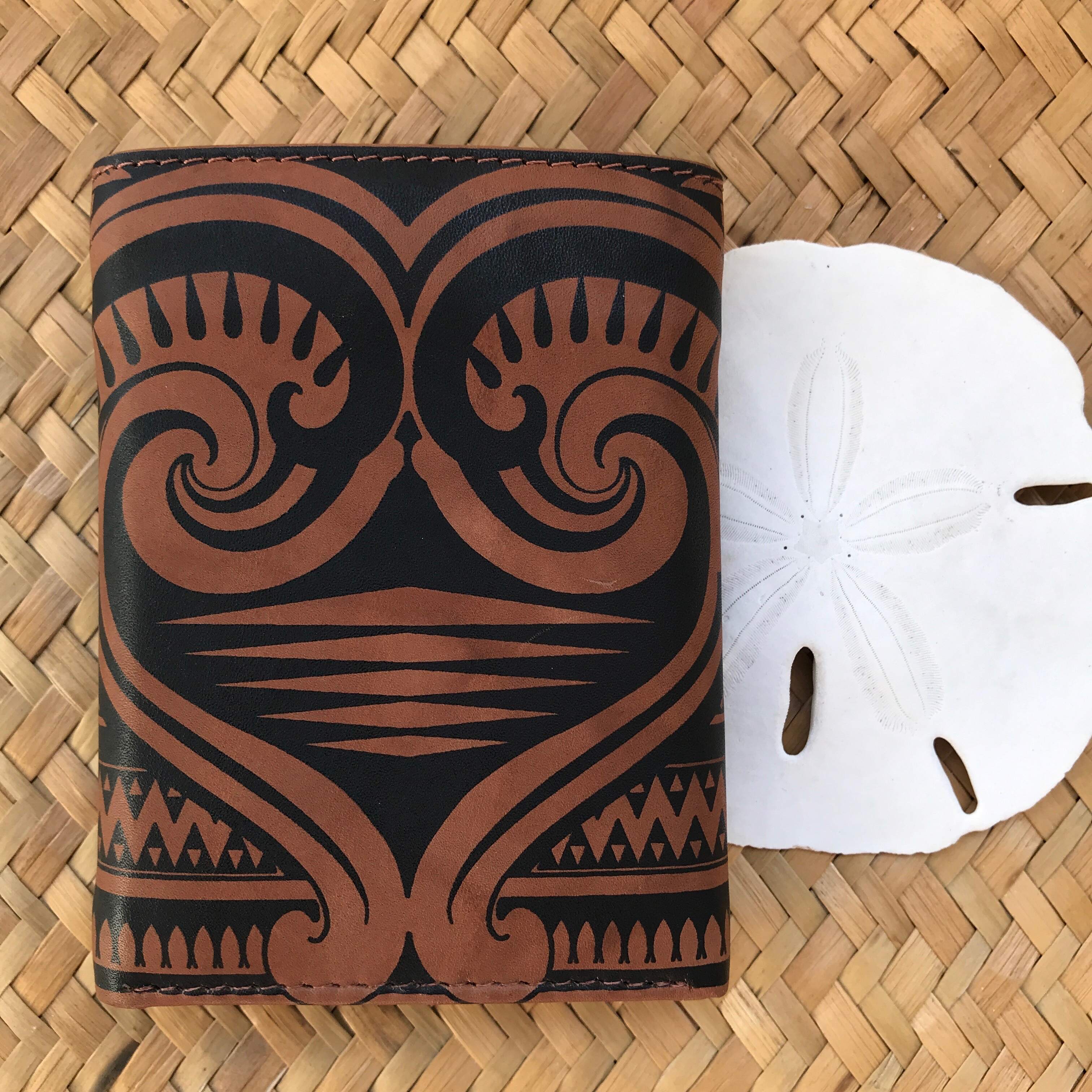 Brown Hawaiian tribal trifold leather wallet gift for men | Aloha Products USA
