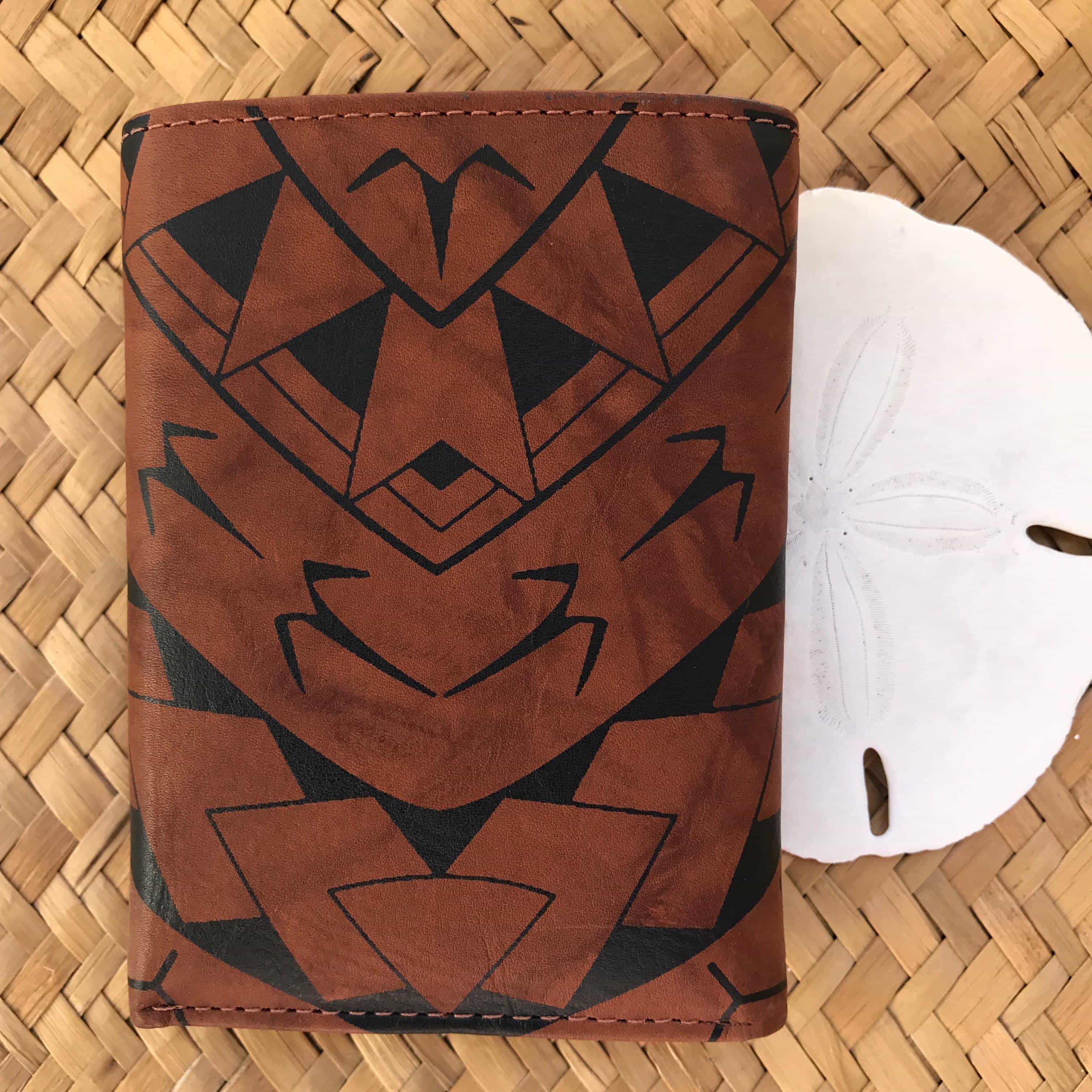 Brown Hawaiian trifold leather wallet gift for men with happiness meaning | Aloha Products USA