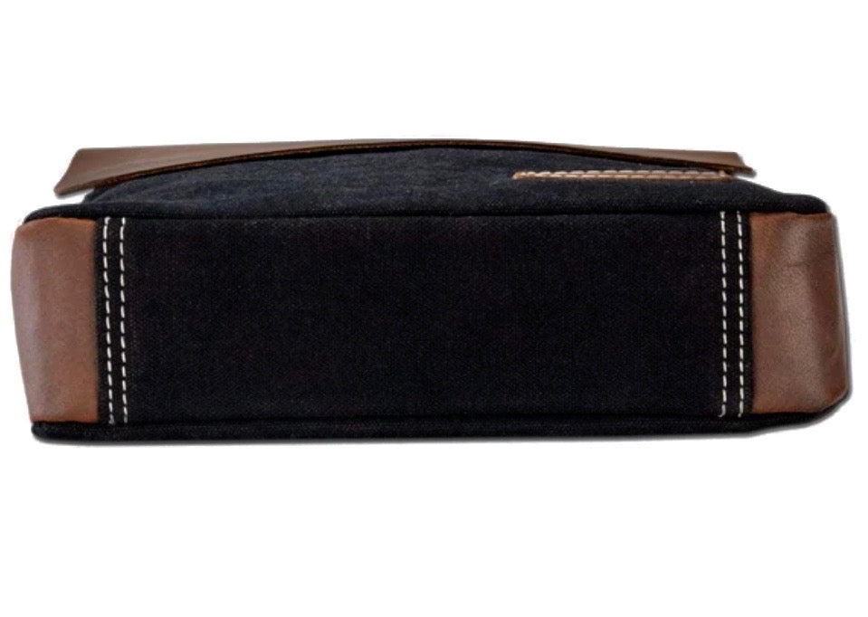 Bottom view of brown leather messenger bag