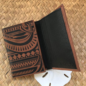 Brown leather Hawaiian tribal design trifold wallet gift for men | Aloha Products USA