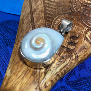 Close up view of a whole cinnerus shell in a stirling silver pendant setting | Aloha Products USA