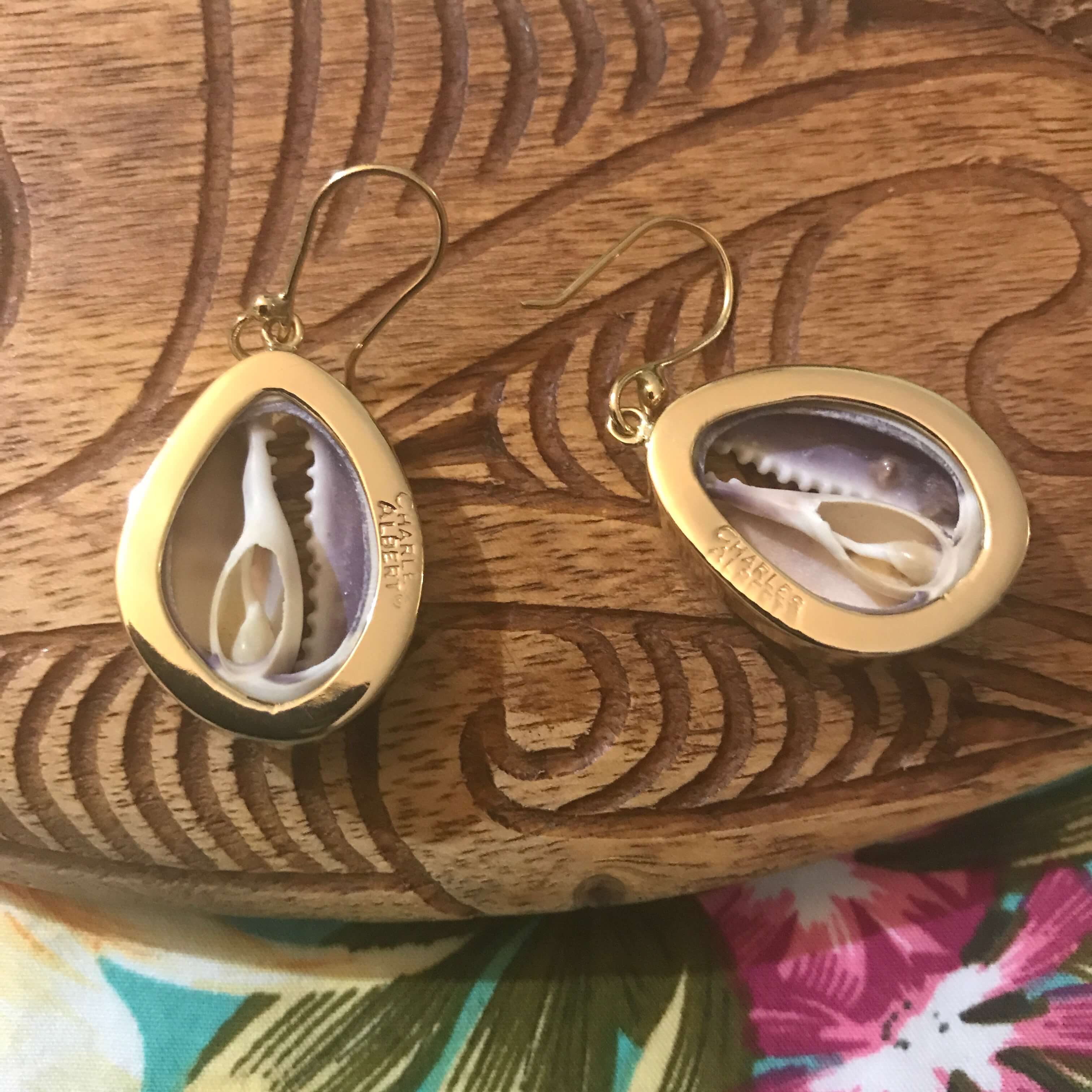 Back view of cowrie shell earrings set in alchemia gold