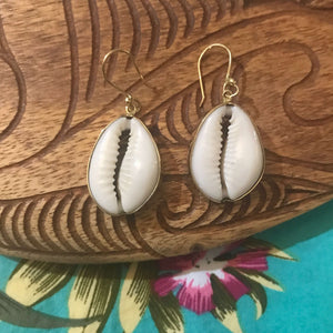Island jewelry cowrie shell drop earrings set on alchemia gold | Aloha Products USA