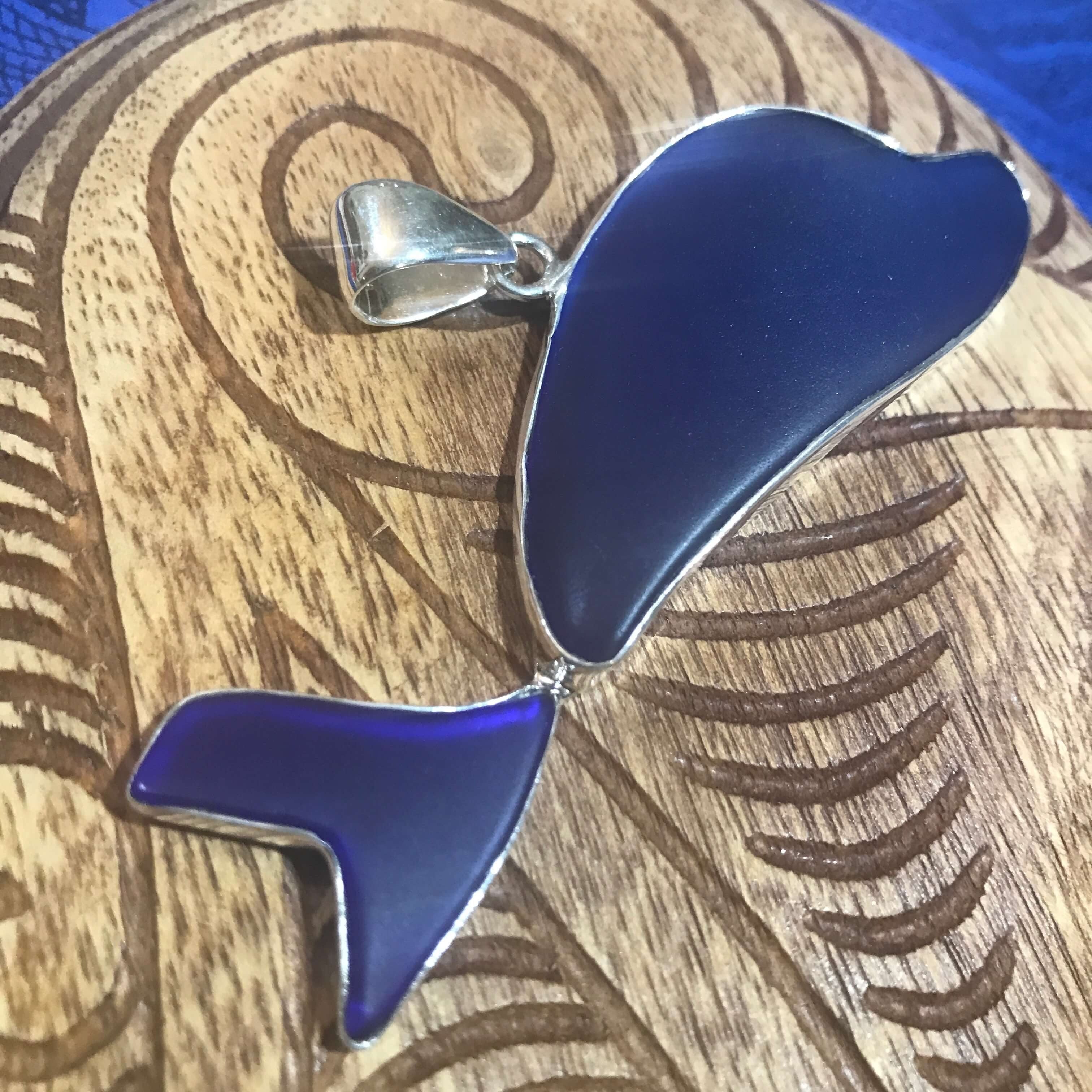 Island jewelry blue beach glass dolphin pendant set in stirling silver | Aloha Products USA