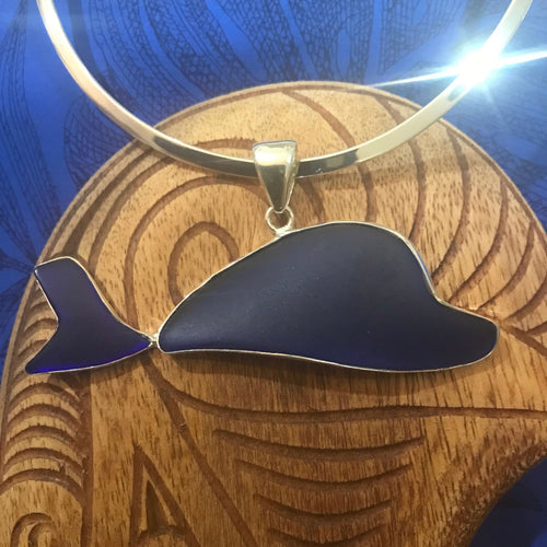 Island jewelry dolphin shaped beach glass pendant necklace with stirling silver setting | Aloha Products USA