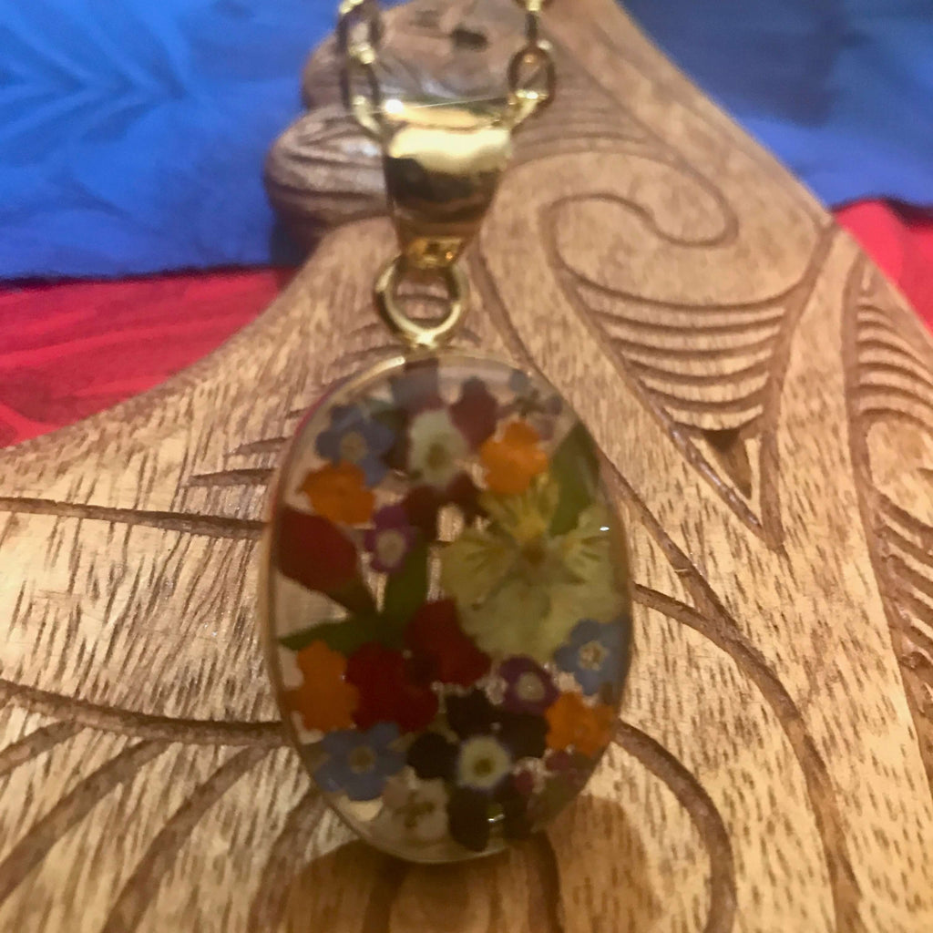 Island jewelry miniature flower bouquet resin pendant necklace with alchemia gold setting | Aloha Products USA