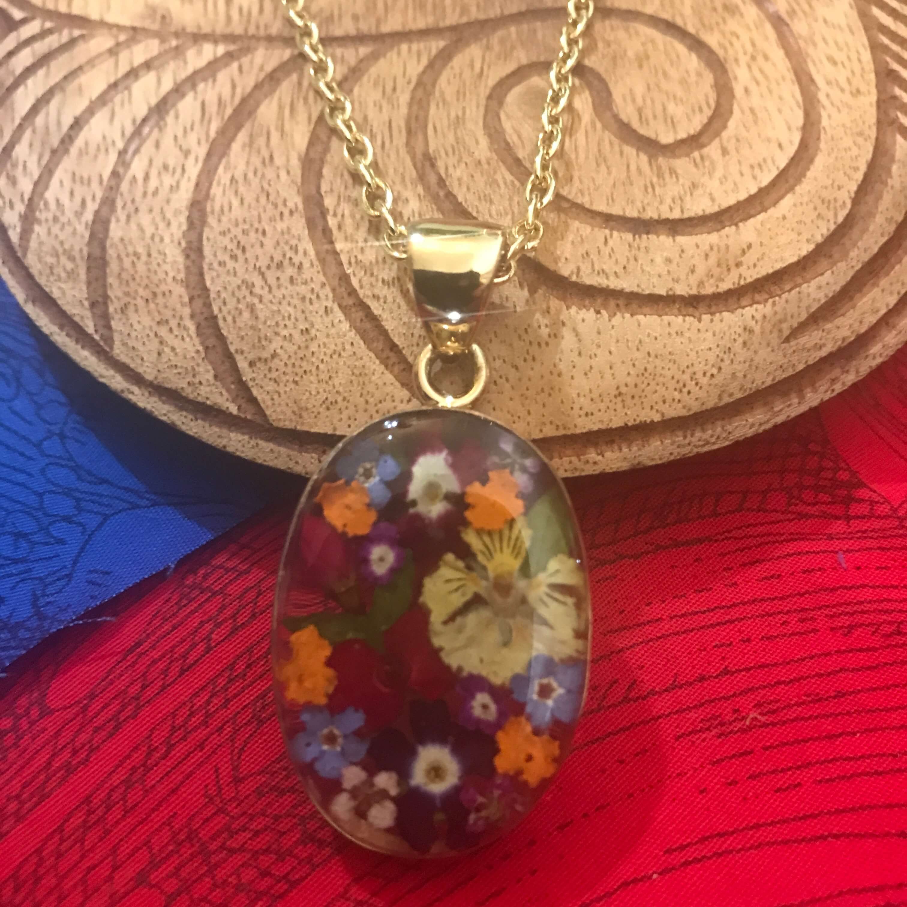 Miniature dried flower bouquet pendant necklace with alchemia gold | Aloha Products USA