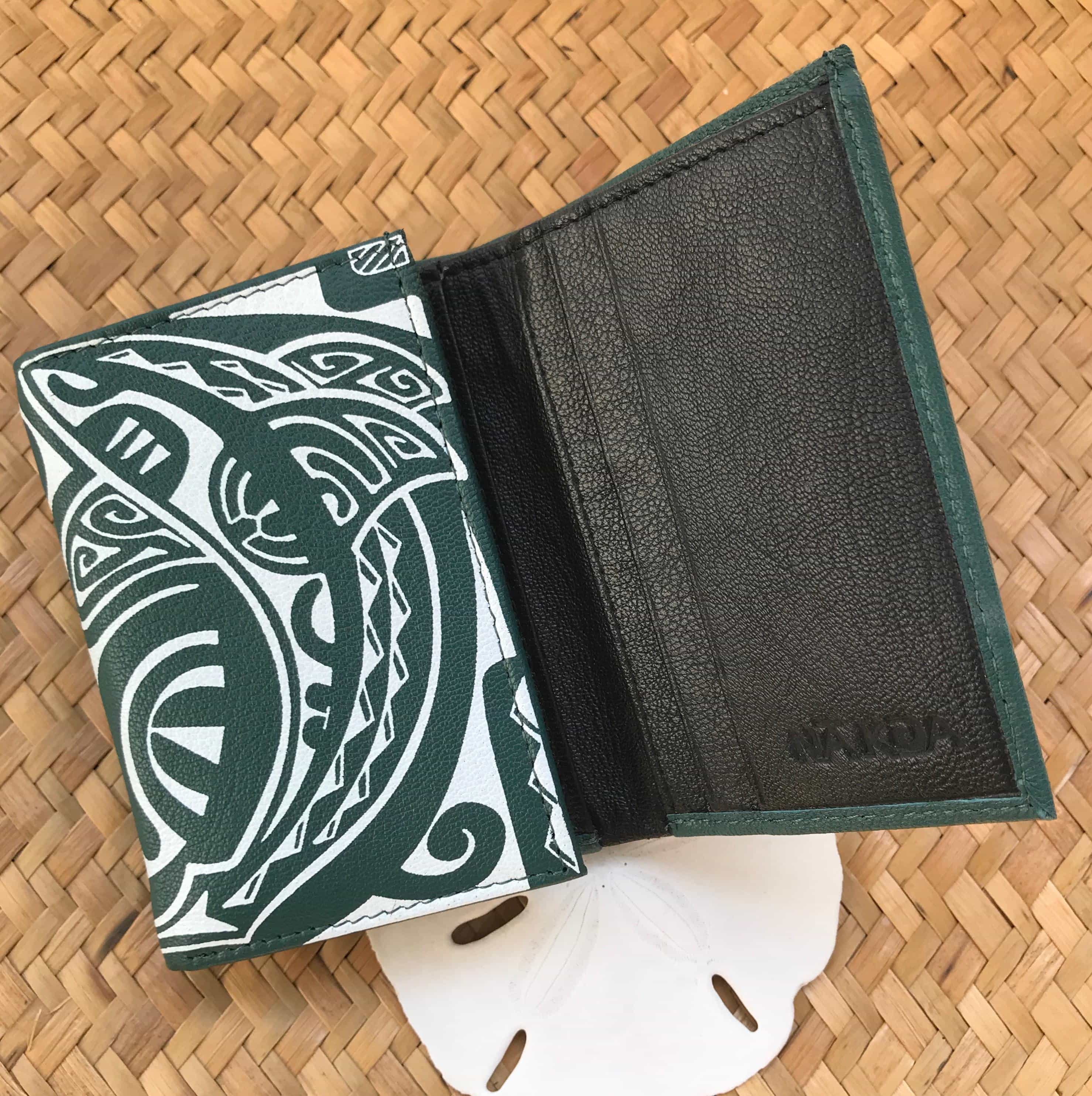Green leather wallet gift for men Hawaiian tribal shark design | Aloha Products USA