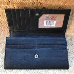 Open view of a black leather clutch wallet