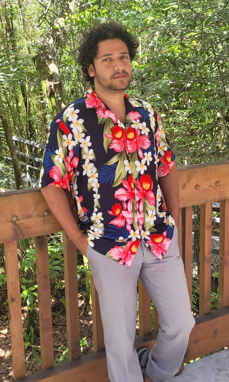 Hawaiian blue hibiscus shirt for matching couple outfit | Aloha Products USA