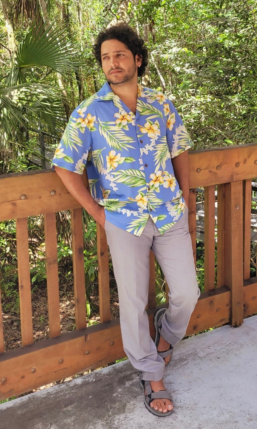 Hawaiian blue tuberose shirt for matching couple outfit | Aloha Products USA