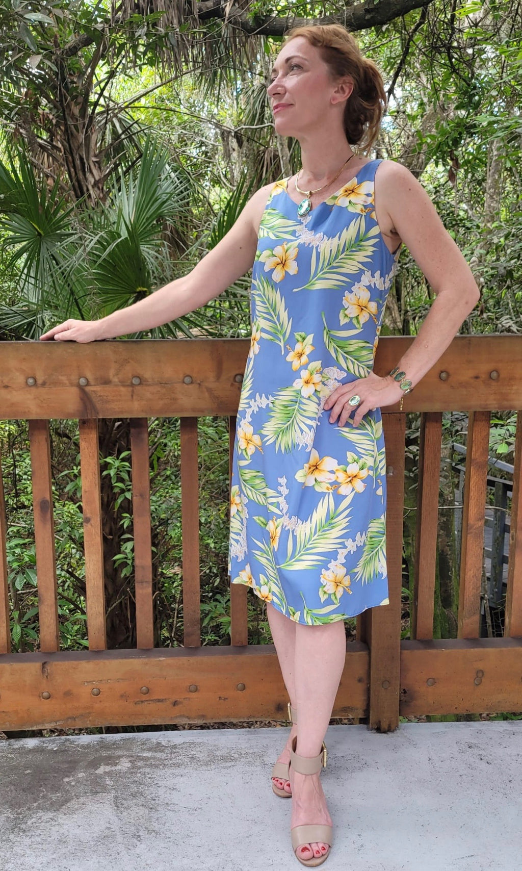 Beautiful blue tuberose Hawaiian tank dress for matching couple outfit | Aloha Products USA
