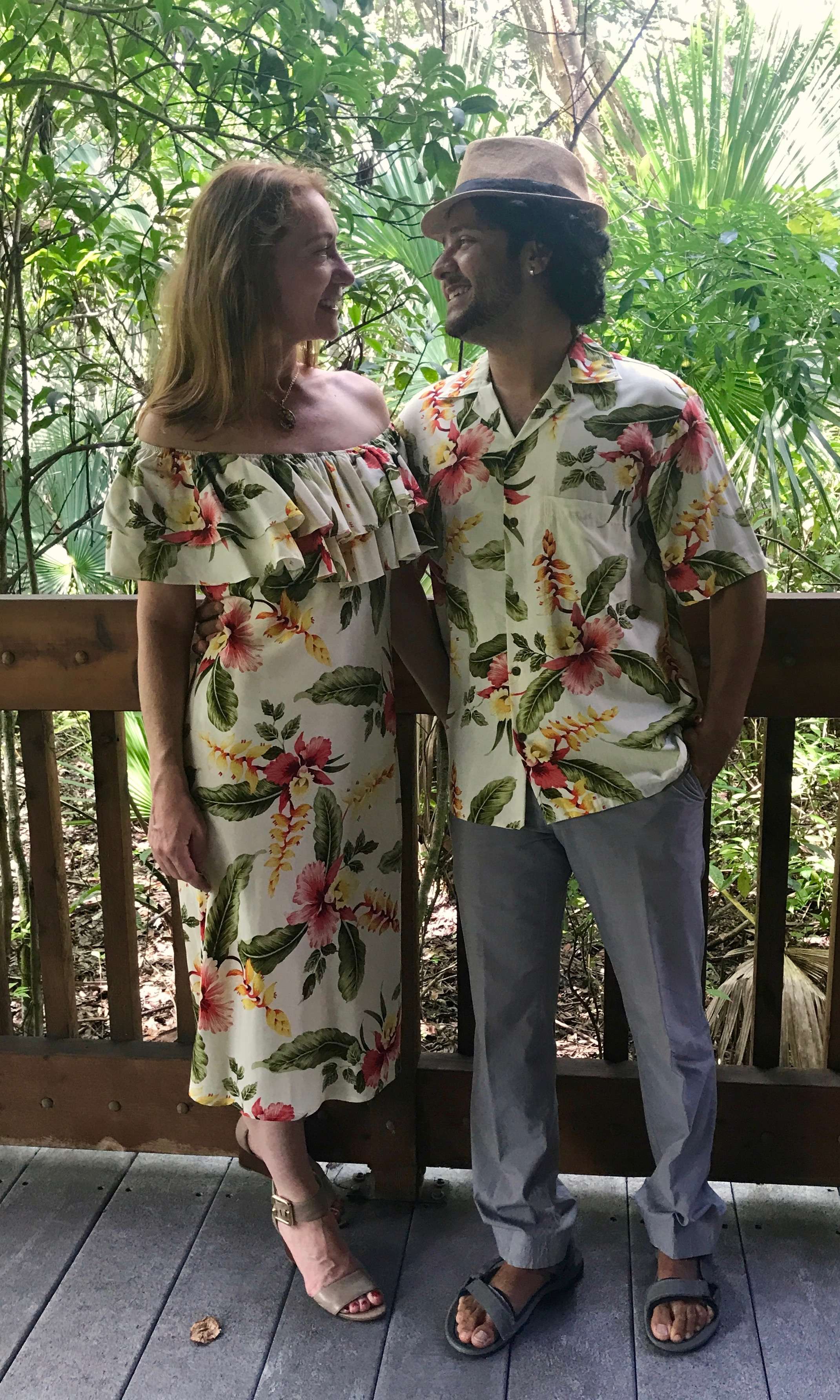 Cute Hawaiian couple with matching hibiscus dress and shirt for family outfit | Aloha Products USA