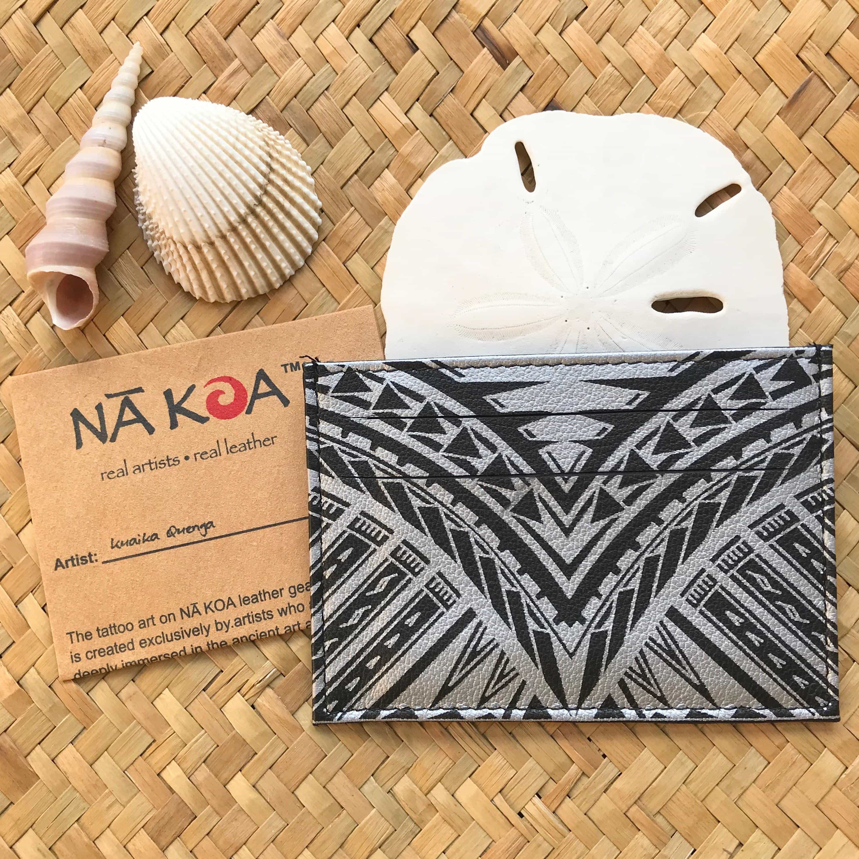 Hawaiian gifts under $20 black and silver leather Id card holder with tribal tattoo design | Aloha Products USA