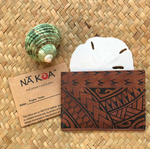 Hawaiian gift under $20 brown leather ID card holder with Polynesian tribal design | Aloha Products USA