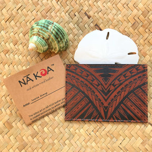 Hawaiian gifts under $20 brown leather Id card holder with tribal tattoo design | Aloha Products USA